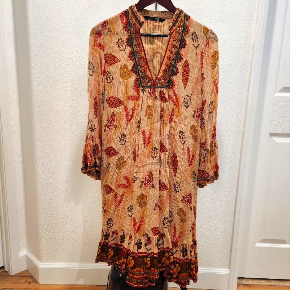 Zara Woman Premium Collection Long-Sleeve Printed Chiffon Dress